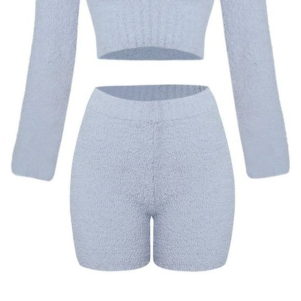 Tresser Comfy Fuzzy Knit Crop Top Bike Short Set Cloud Blue Size Large NWT